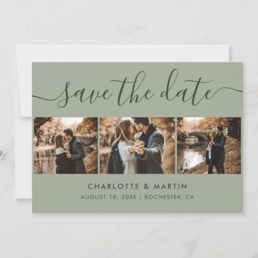Aangepast modern Sage Green Wedding 4 Foto Save The Date (Voorkant)