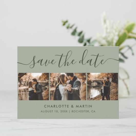 Aangepast modern Sage Green Wedding 4 Foto Save The Date (Staand voorkant)