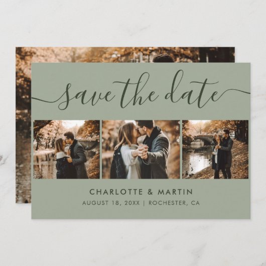 Aangepast modern Sage Green Wedding 4 Foto Save The Date (Voorkant / Achterkant)