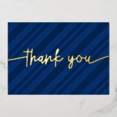 Aangepast modern Script Navy Blue Stripes Bedankt Folie Feestdagenkaart (Voorkant)