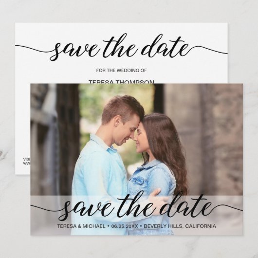 Aangepast modern script Verloving Foto eenvoudig Save The Date (Voorkant / Achterkant)