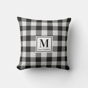 Aangepast modern wonderhuis zwart-wit monogram kussen