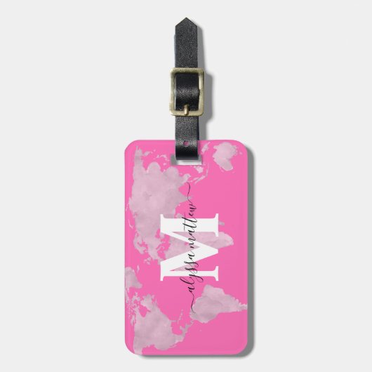 Aangepast monogram aangepast warm roze Wereldkaart Bagagelabel (Voorkant verticaal)