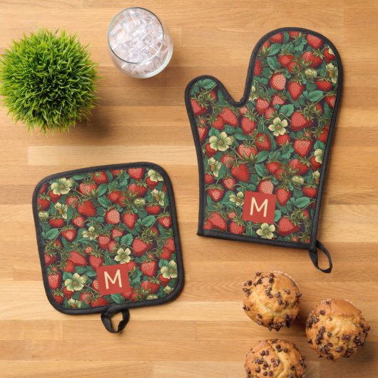 Aangepast monogram aardbeien patroon ovenwant & pannenlap set (Top down)