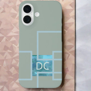 Aangepast monogram abstract geometrisch saliegroen iPhone 16 hoesje