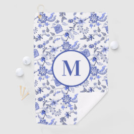 Aangepast monogram antiekblauw wit bloemmotief golfhanddoek