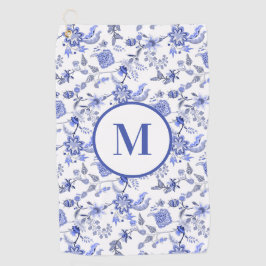 Aangepast monogram antiekblauw wit bloemmotief golfhanddoek
