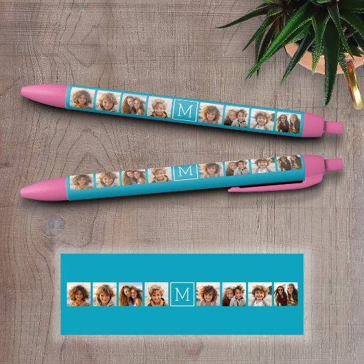 Aangepast monogram Aqua Blue Photo Collage Zwarte Inkt Pen