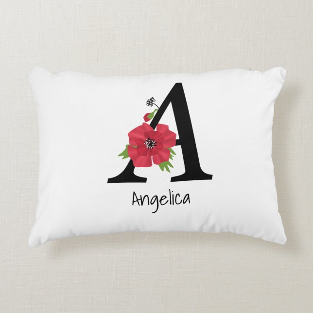 Aangepast monogram, bewerkbaar A tekst rode bloem  Accent Kussen (Voorkant)