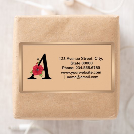 Aangepast monogram, bewerkbaar A tekst rode bloem  Etiket (Insitu)