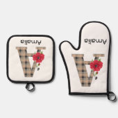 Aangepast monogram, bewerkbaar A tekst rode bloem Ovenwant & Pannenlap Set (Voorkant)