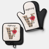 Aangepast monogram, bewerkbaar A tekst rode bloem Ovenwant & Pannenlap Set (Voorkant / Achterkant)