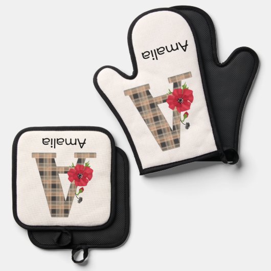 Aangepast monogram, bewerkbaar A tekst rode bloem  Ovenwant & Pannenlap Set (Voorkant / Achterkant)