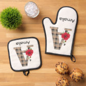 Aangepast monogram, bewerkbaar A tekst rode bloem  Ovenwant & Pannenlap Set (Top down)