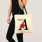 Aangepast monogram, bewerkbaar A tekst rode bloem Tote Bag (Voorkant (product))