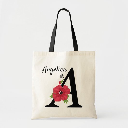 Aangepast monogram, bewerkbaar A tekst rode bloem Tote Bag (Voorkant)