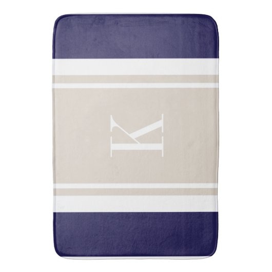 Aangepast monogram blauw beige strippatroon badmat (Voorkant Verticaal)