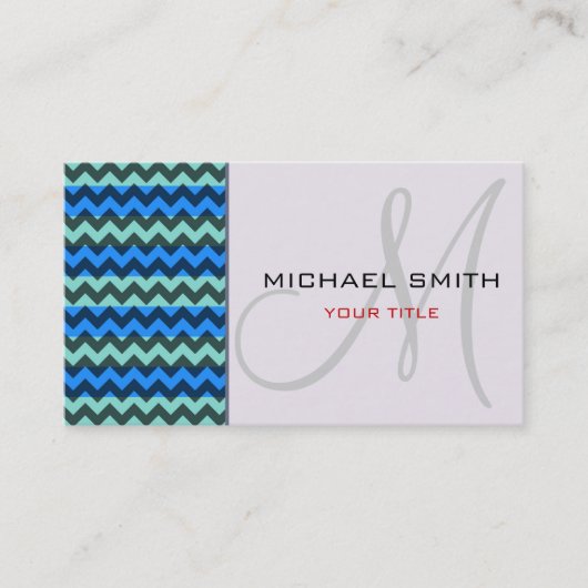 Aangepast monogram blauw Chevron Zigzag Pattern Visitekaartje (Voorkant)