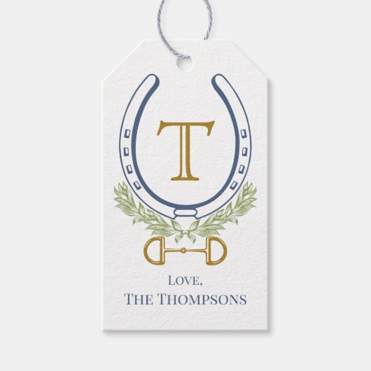 Aangepast Monogram Blauw Hoefijzer, Gepersonalisee Cadeaulabel (Voorkant)