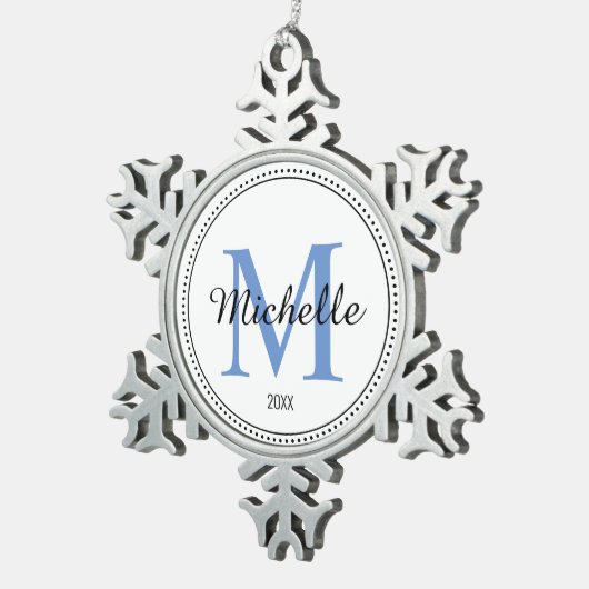 Aangepast monogram blauw tin sneeuwvlok ornament (Rechts)