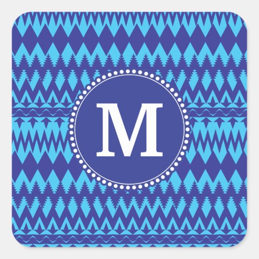 Aangepast monogram blauw tribaal Chevron Patroon Vierkante Sticker (Voorkant)