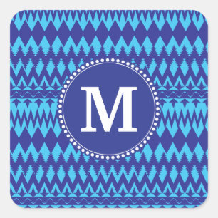 Aangepast monogram blauw tribaal Chevron Patroon Vierkante Sticker