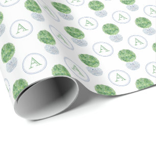 Aangepast Monogram Blauwe Groene Preppy Boxwood Cadeaupapier