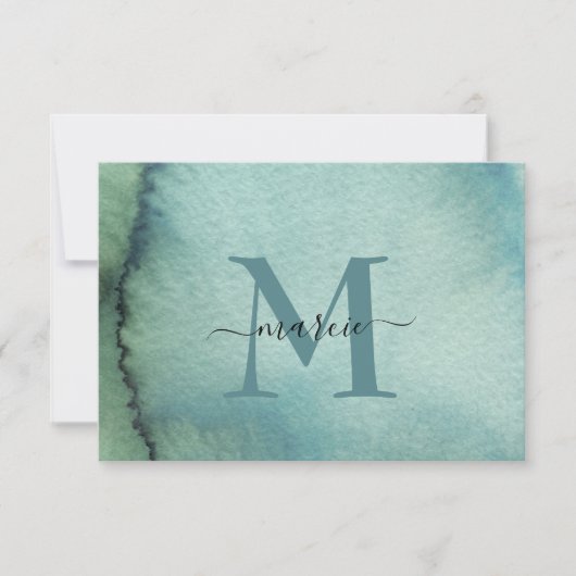 Aangepast monogram blauwgroene waterverf bedankkaart (Voorkant)