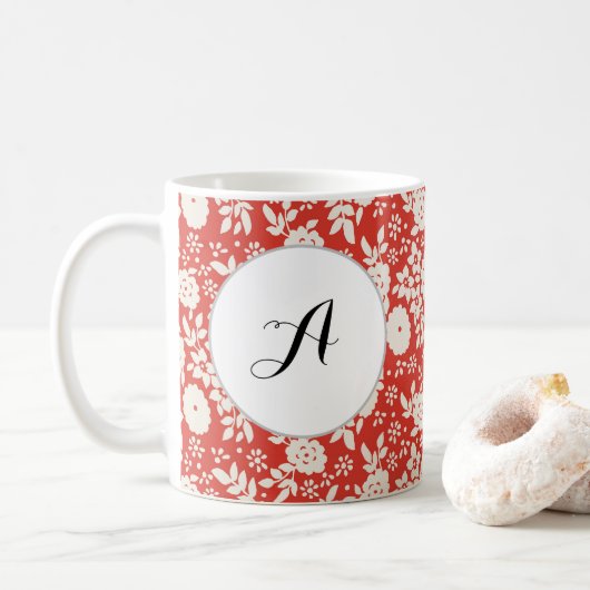 Aangepast Monogram Bloempatroon Rood Koffiemok (Met donut)