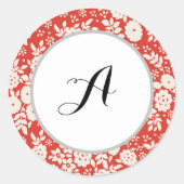Aangepast Monogram Bloempatroon Rood Ronde Sticker (Voorkant)
