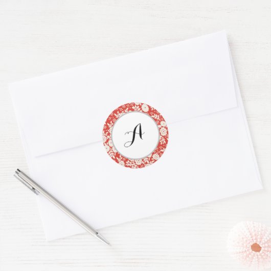 Aangepast Monogram Bloempatroon Rood Ronde Sticker (Envelop)
