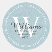 Aangepast Monogram Blue Floral Return-adres Ronde Sticker (Voorkant)