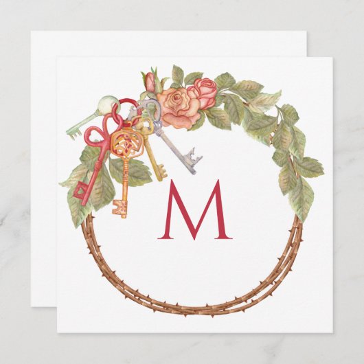 Aangepast Monogram Briefpapier met Sleutel & Krans Kaart (Voorkant / Achterkant)