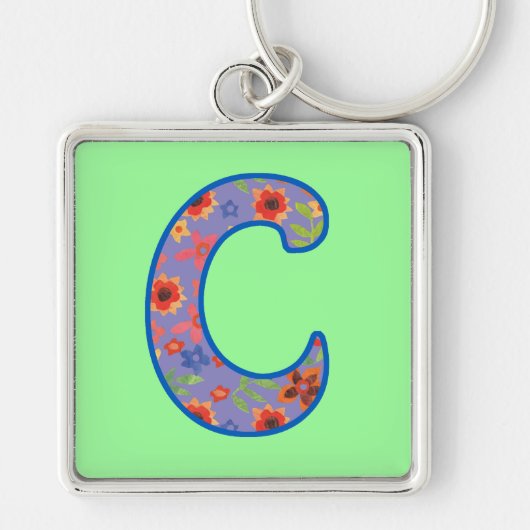 Aangepast monogram C-Sleutelhanger, Ditsy Floral P Sleutelhanger (Voorkant)