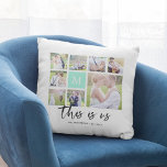 Aangepast monogram Dit is ons fotocollage Kussen<br><div class="desc">Monogramkussen met de woorden "dit is ons" in een stijlvol script met 8 vierkante foto's die in een rasterlay-out op de voor- en achterkant zijn gerangschikt en die in totaal 16 foto's maken die u kunt vervangen door eigen foto's tegen een witte achtergrond. U kunt ook uw initiaal voor het...</div>