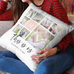 Aangepast monogram Dit is US Photo Collage Kussen<br><div class="desc">Monogram kussen met de woorden "dit is ons" in een stijlvol script met 8 vierkante foto's gerangschikt in een rasterlay-out aan de voor- en achterkant, waardoor het in totaal 16 foto's zijn die u kunt vervangen door uw eigen foto's tegen een witte achtergrond. U kunt ook uw familie initiaal toevoegen...</div>