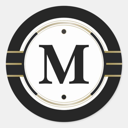 Aangepast Monogram Elegant Zwart en Goud Deco Ronde Sticker (Voorkant)