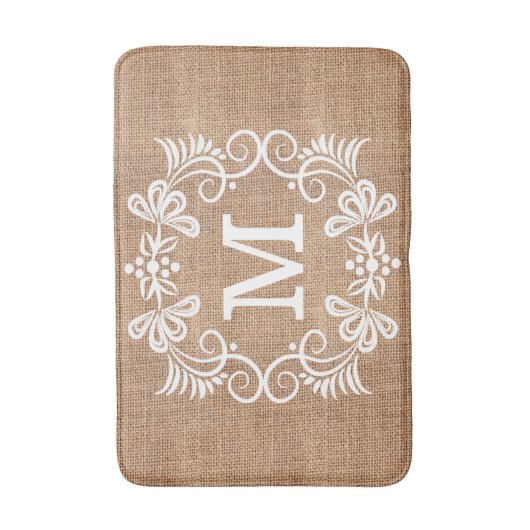 Aangepast monogram Floral Lijst Rustic Burlap Badmat (Voorkant Verticaal)