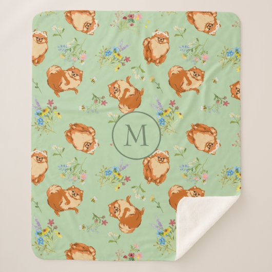 Aangepast monogram Floral Pomeranian Pattern Green Sherpa Deken (Voorkant)