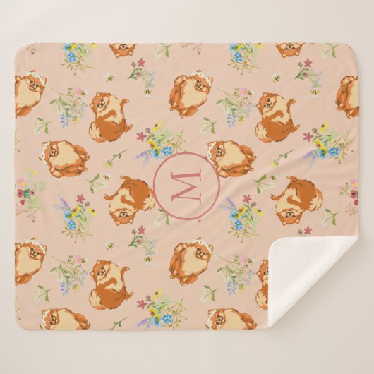 Aangepast monogram Floral Pommeren Patroonroze Sherpa Deken (Voorkant (horizontaal))