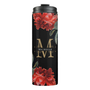 Aangepast monogram Floral Red Gold Elegant Black Thermosbeker