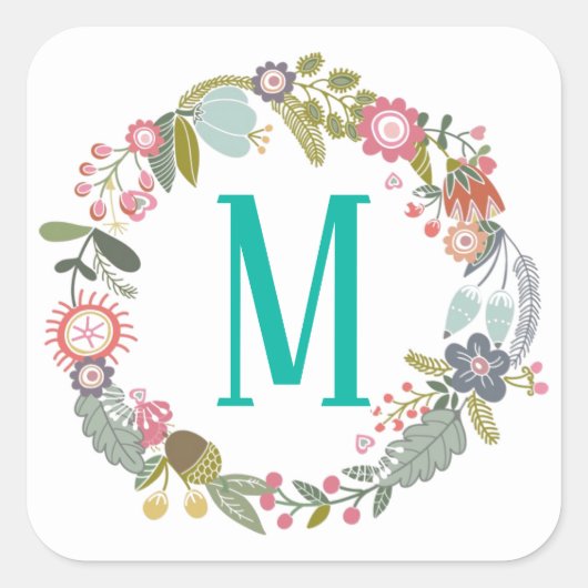 Aangepast monogram Floral Wreath Vierkante Sticker (Voorkant)