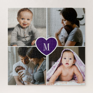 Aangepast monogram Foto Collage Paars Heart Legpuzzel