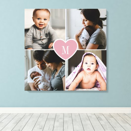 Aangepast monogram Foto Collage Pink Heart Canvas Afdruk (Insitu (Houten vloer))