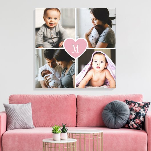 Aangepast monogram Foto Collage Pink Heart Canvas Afdruk (Insitu (Woonkamer))