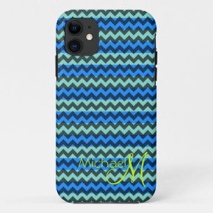 Aangepast monogram Groen Blauw Chevron Zigzag iPhone 11 Hoesje
