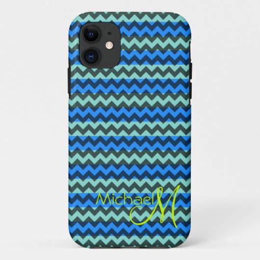 Aangepast monogram Groen Blauw Chevron Zigzag Case-Mate iPhone Case (Achterkant)