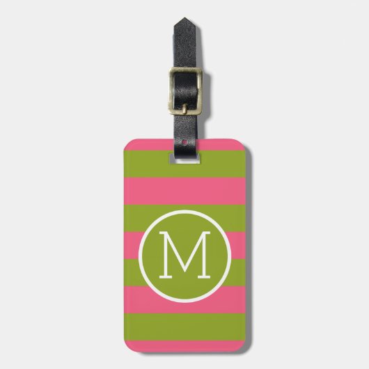 Aangepast monogram groen en roze strippatroon bagagelabel (Voorkant verticaal)
