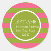 Aangepast monogram groen en roze strippatroon ronde sticker (Voorkant)