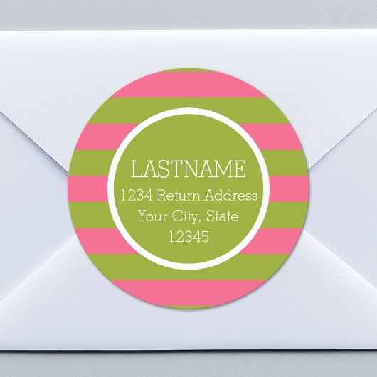 Aangepast monogram groen en roze strippatroon ronde sticker